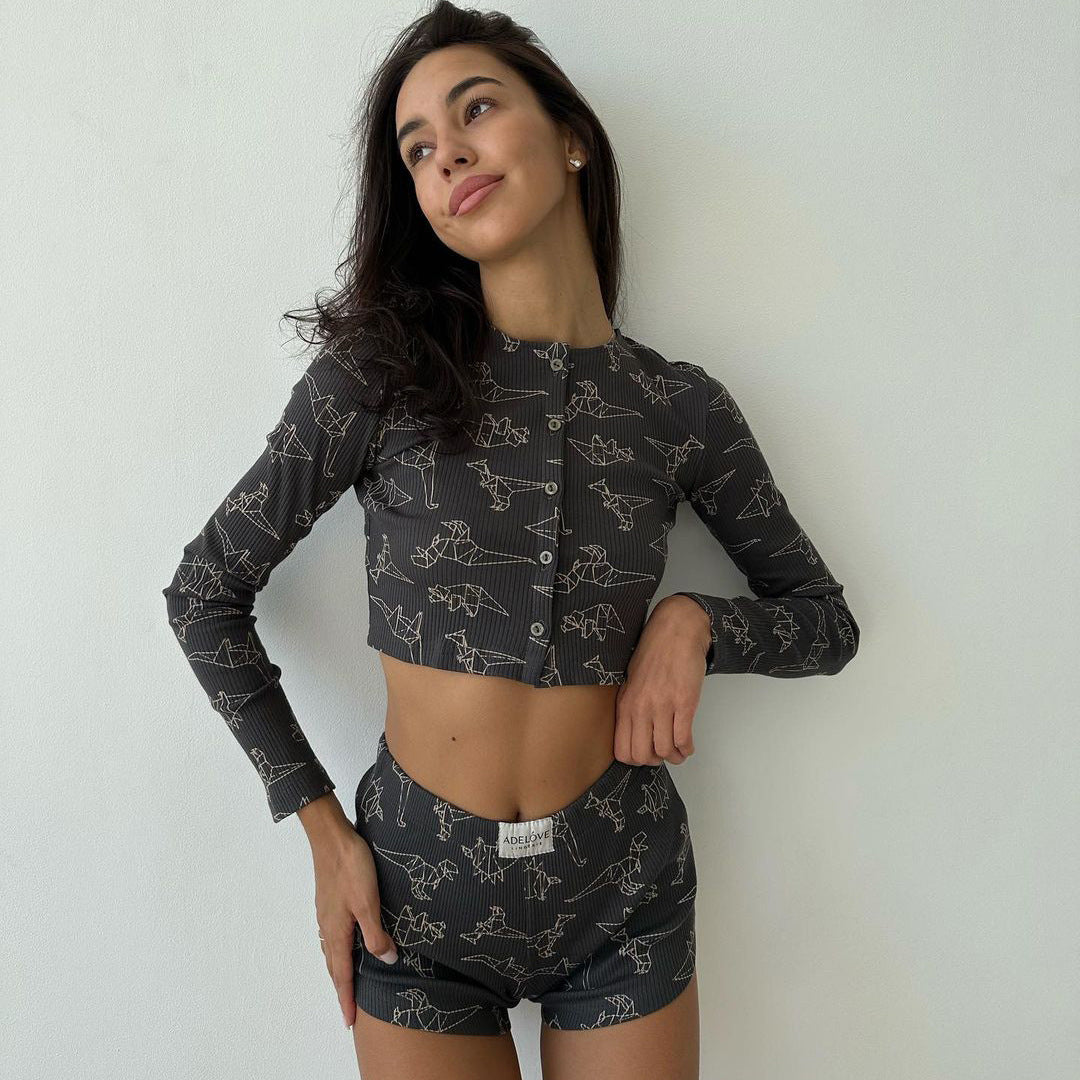 Long Sleeve Crop Top Two-Piece Set Summer Female