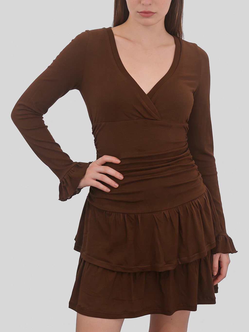 Brown retro V-neck multi-layered ruffle mini dress