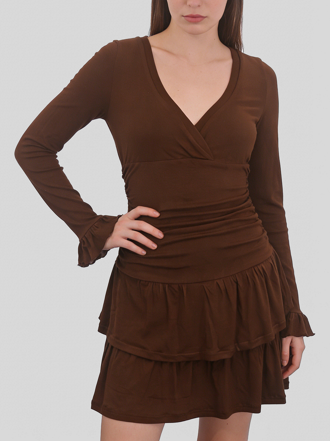 Brown retro V-neck multi-layered ruffle mini dress