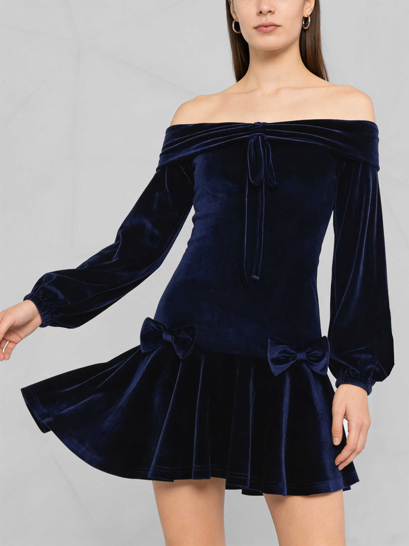 Elegant velvet off-shoulder lantern sleeve dress for women