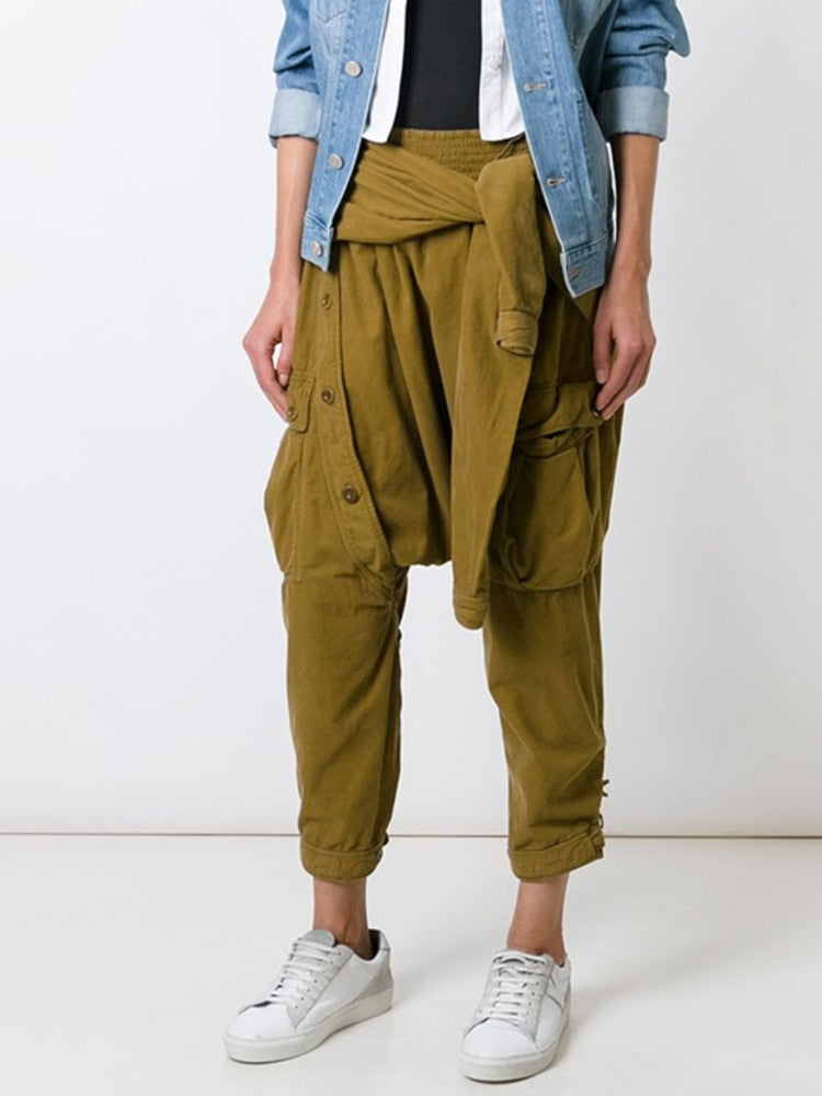 Trend Brand Designer Harem Pants Autumn New Products Sleeve Straps Casual Pants Corduroy Rope Nine-Point Pants