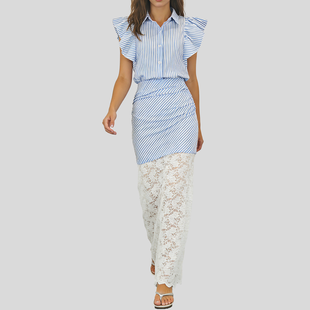 Women's Fashionable Flutter Sleeve Blue and White Striped Lace Bodycon Skirt Set