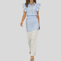 Women's Fashionable Flutter Sleeve Blue and White Striped Lace Bodycon Skirt Set