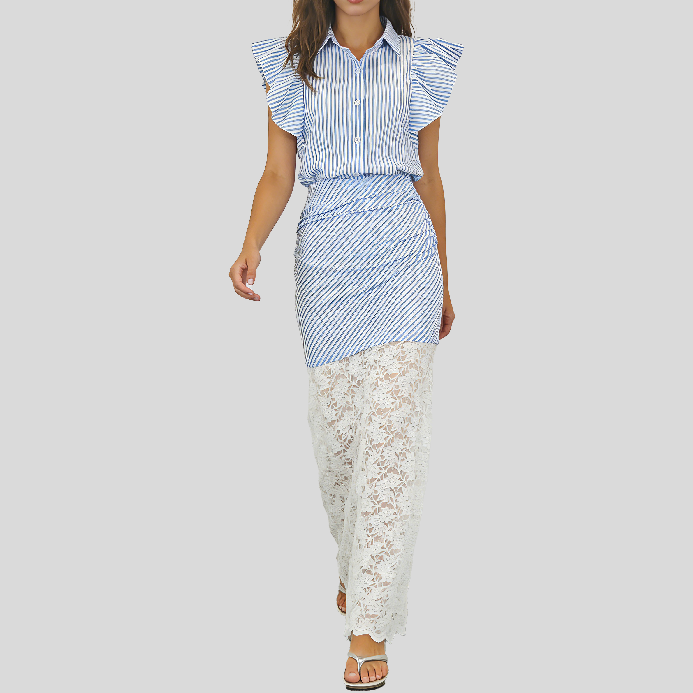 Women's Fashionable Flutter Sleeve Blue and White Striped Lace Bodycon Skirt Set