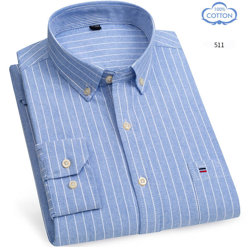 Spring Middle Aged And Elderly Mens Pure Cotton Oxford Spun Long Sleeved Shirt Loose Casual Large Thick All Cotton Shirt