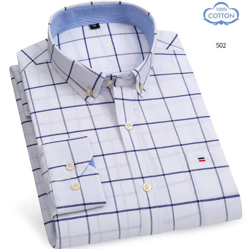 Spring Middle Aged And Elderly Mens Pure Cotton Oxford Spun Long Sleeved Shirt Loose Casual Large Thick All Cotton Shirt