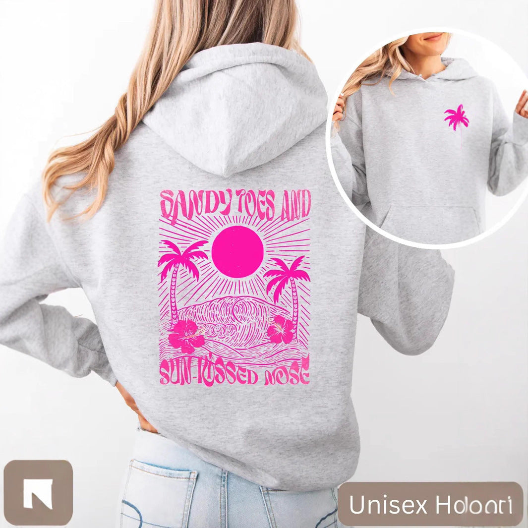 Palm Print Hoodie with Purple Bauhinia for Girls' Beach Long Sleeve Dress