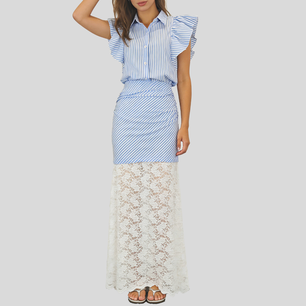 Women's Fashionable Flutter Sleeve Blue and White Striped Lace Bodycon Skirt Set