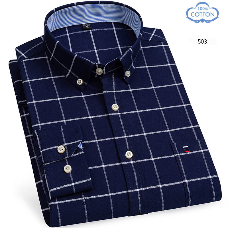 Spring Middle Aged And Elderly Mens Pure Cotton Oxford Spun Long Sleeved Shirt Loose Casual Large Thick All Cotton Shirt