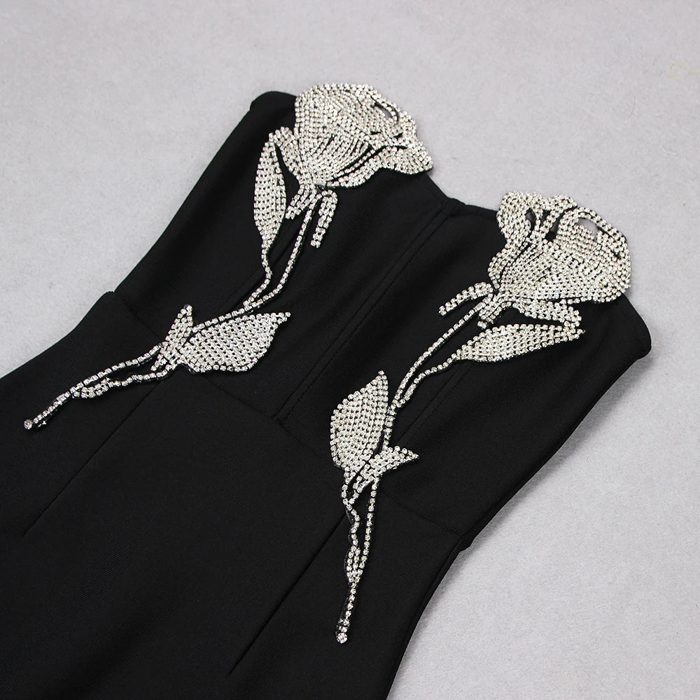 DEIVE TEGER  Black Rose Embroidered Long Bandage Dress for Girls Elegant Wrap Breast Sexy Party Event