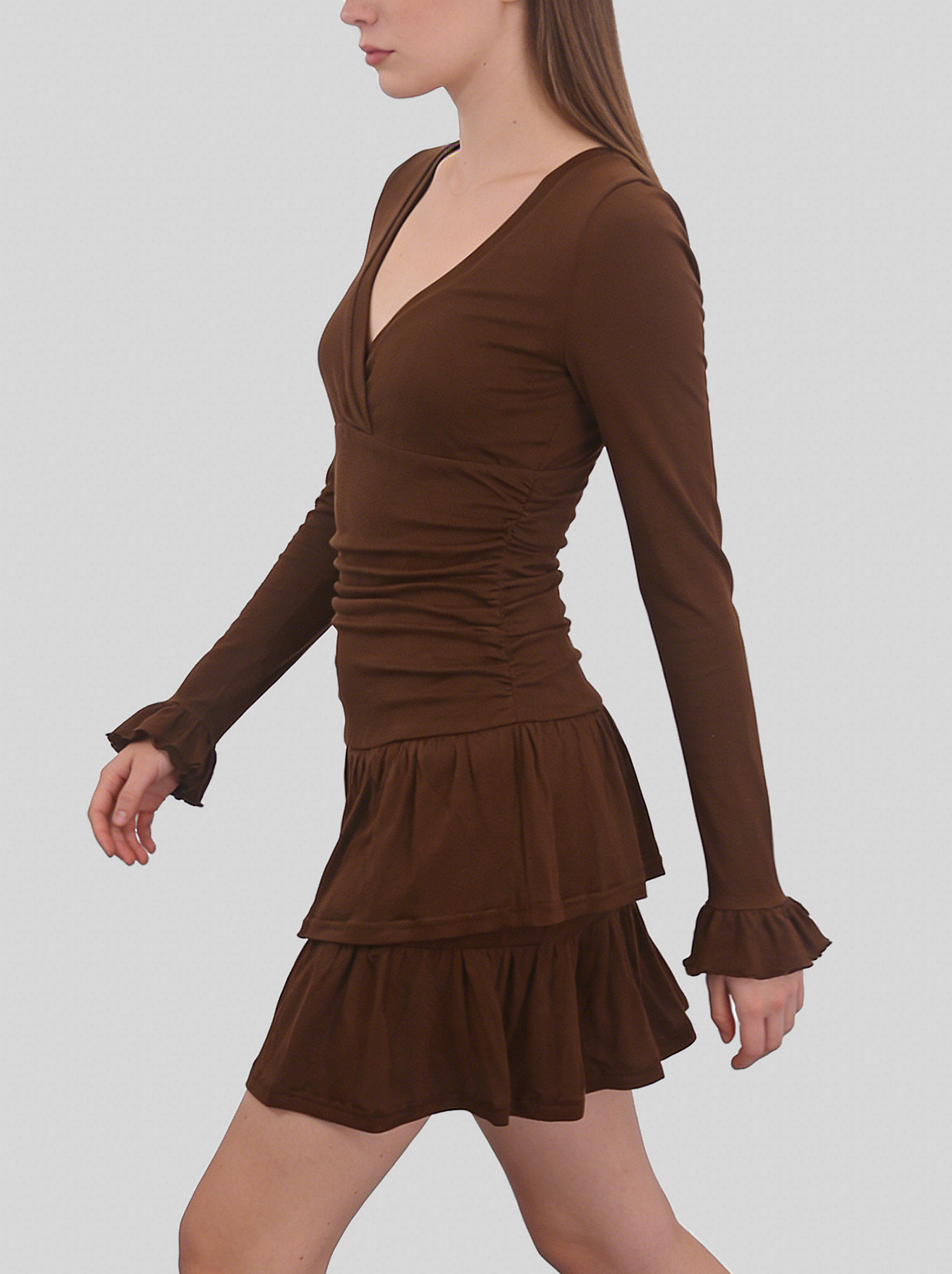 Brown retro V-neck multi-layered ruffle mini dress