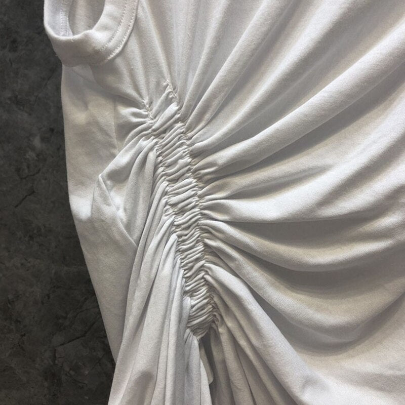 Casual White T Shirt For Women O Neck Sleeveless Ruched Irregular Slim T Shirts Females Summer Fashion Stylish