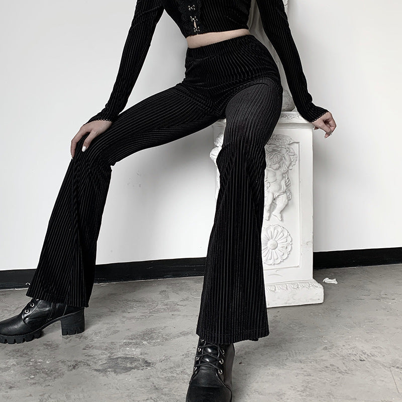 Black Retro High Waisted Slim Mopping Flared Pants Women's Pit Strip Casual Girls Wide-Leg Pants