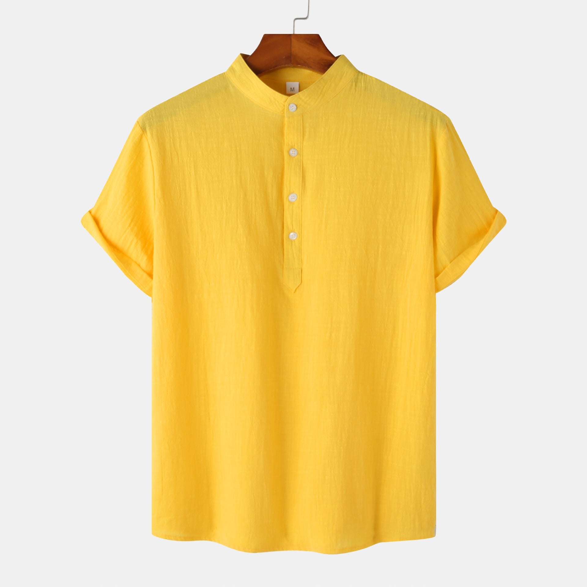 Summer Mens Cotton and Linen Standing Collar Casual Short Sleeved Shirt Beach T Shirt Shirt Mens Clothing