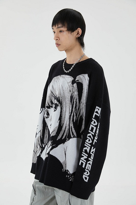 Mens Hip Hop Streetwear Harajuku Sweater Vintage Retro Japanese Style Anime Girl Knitted Sweater  Autumn Cotton Pullover