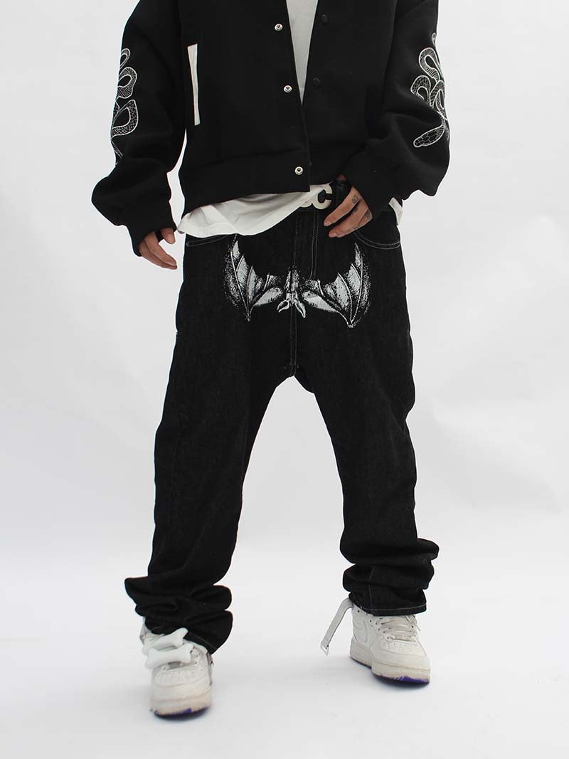 Occidental High Street Vibe Skull Head Printed Jeans Mens Fashion Loose Small Design Straight Pants