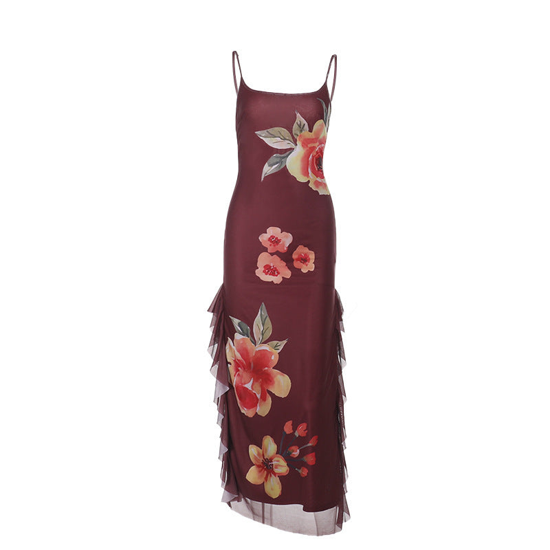 Sexy female floral mesh ribbon slit suspender dress