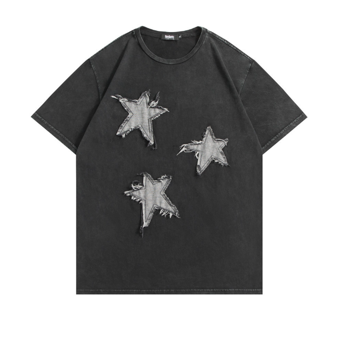 Creative pentagram cloth embroidered short sleeved T shirt boys ins fashion brand summer casual wash worn half sleeve shirt