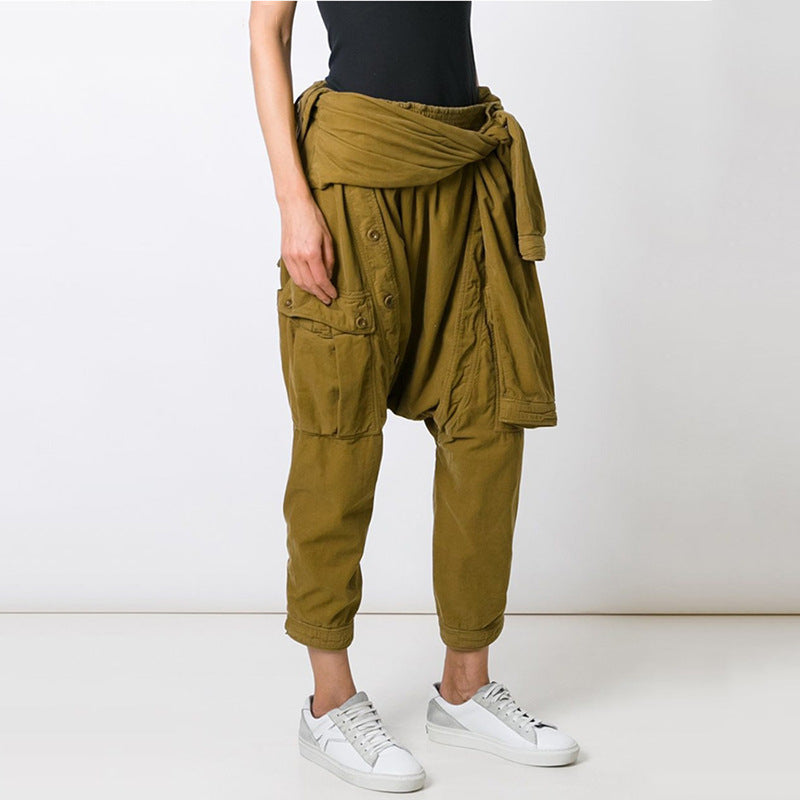 Trend Brand Designer Harem Pants Autumn New Products Sleeve Straps Casual Pants Corduroy Rope Nine-Point Pants