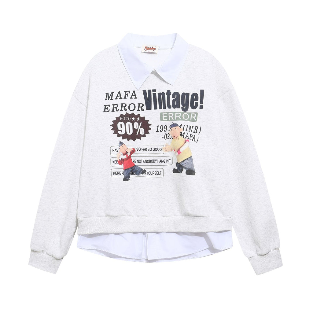 Fun cartoon print splicing fake two POLO collar hoodies