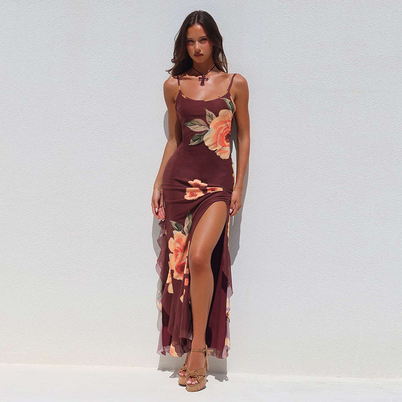 Sexy female floral mesh ribbon slit suspender dress