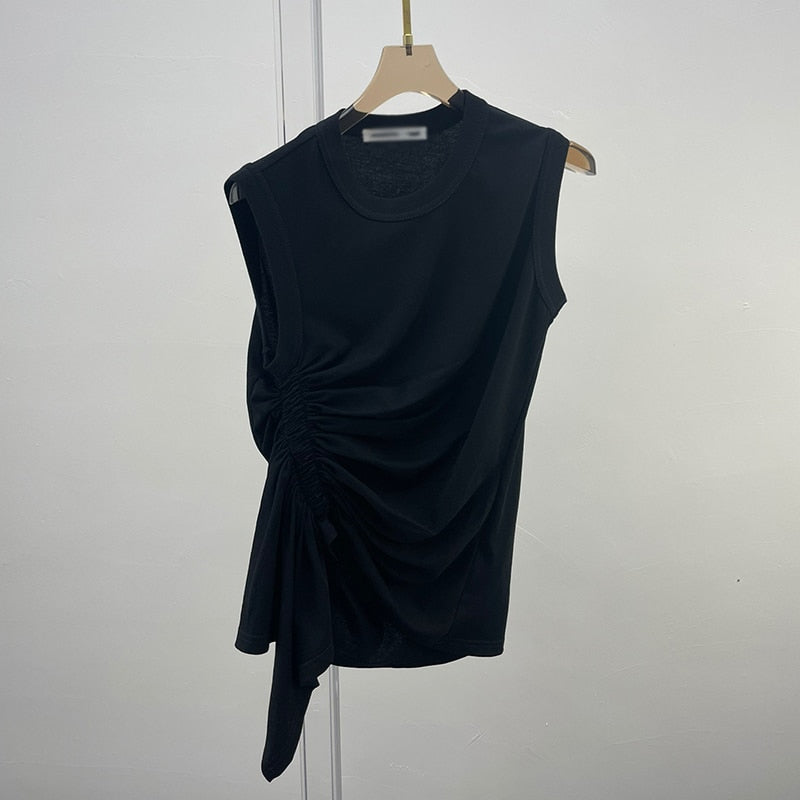 Casual White T Shirt For Women O Neck Sleeveless Ruched Irregular Slim T Shirts Females Summer Fashion Stylish