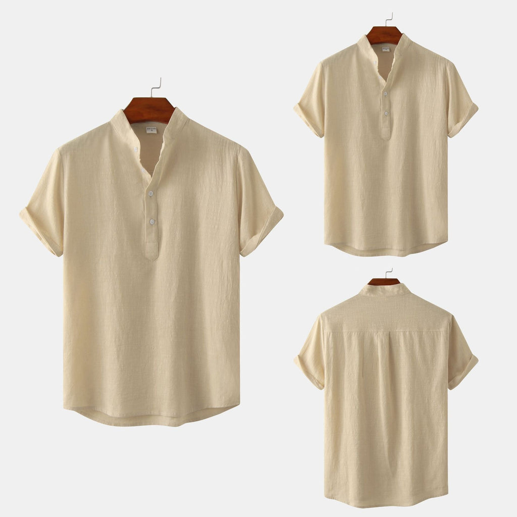 Summer Mens Cotton and Linen Standing Collar Casual Short Sleeved Shirt Beach T Shirt Shirt Mens Clothing