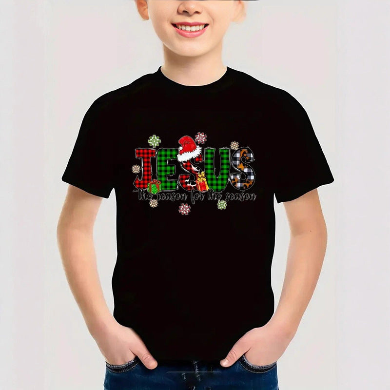 Combed Cotton New Christmas Children's Short Sleeve Girls' T-Shirt Kids Clothing Boys' Short Sleeve