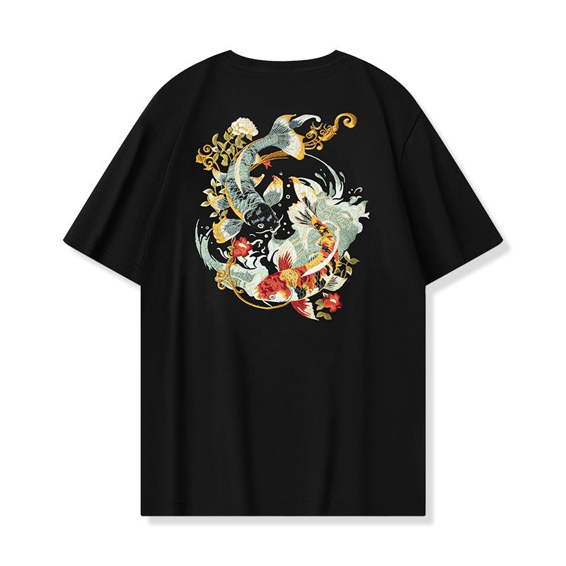 Short sleeved T-shirt for boys embroidered with blooming koi fish