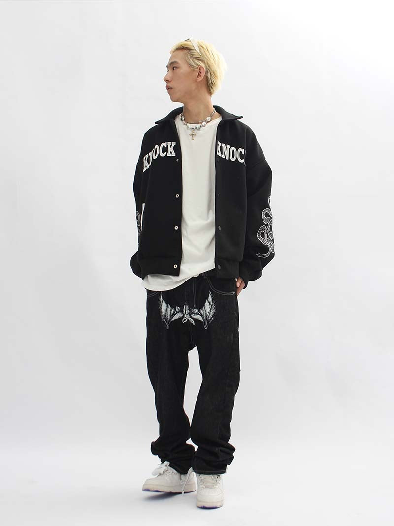 Occidental High Street Vibe Skull Head Printed Jeans Mens Fashion Loose Small Design Straight Pants