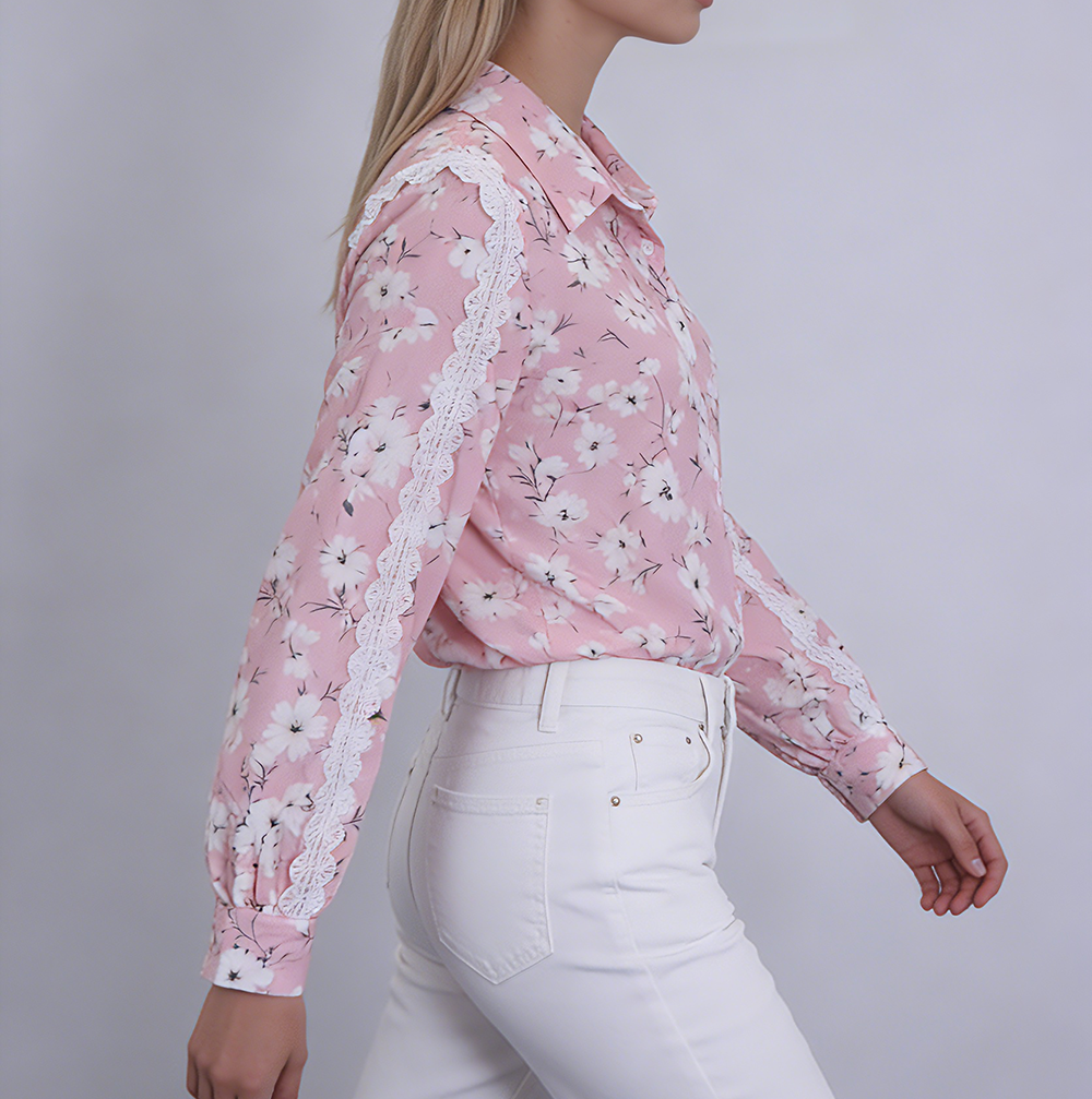 Women's fashionable casual shirt with lace-trimmed sleeves and fresh print.