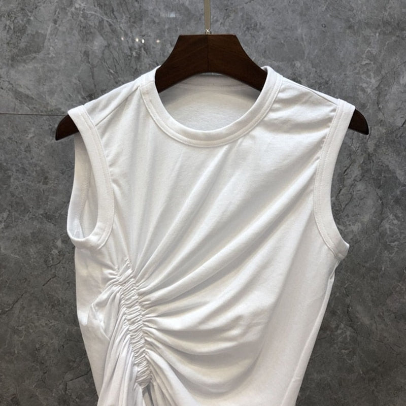 Casual White T Shirt For Women O Neck Sleeveless Ruched Irregular Slim T Shirts Females Summer Fashion Stylish