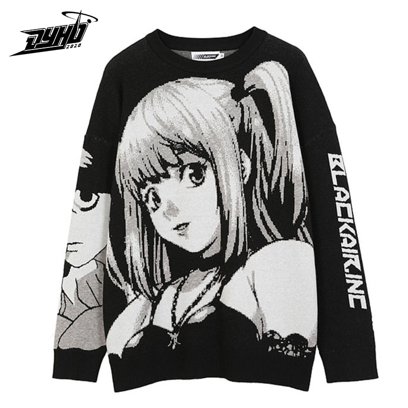 Mens Hip Hop Streetwear Harajuku Sweater Vintage Retro Japanese Style Anime Girl Knitted Sweater  Autumn Cotton Pullover