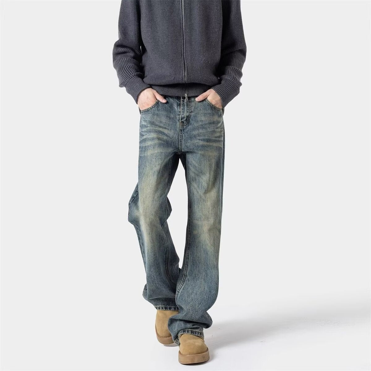 Retro jeans for boys summer style straight leg wide leg slightly flared pants