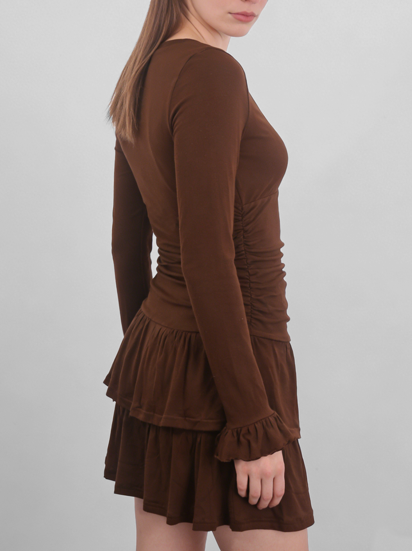 Brown retro V-neck multi-layered ruffle mini dress