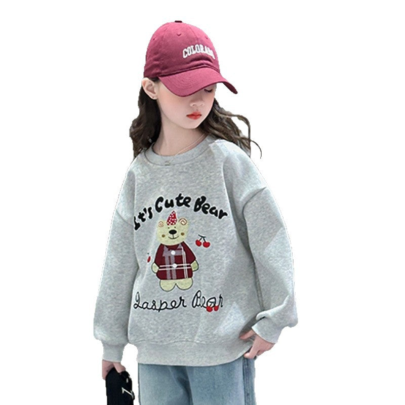 Girls' Autumn/Winter Simple Korean-Style Hoodie Round Neck Fleece-Lined Thickened Base LayerPure Cotton Top Trendy Kids Clothing