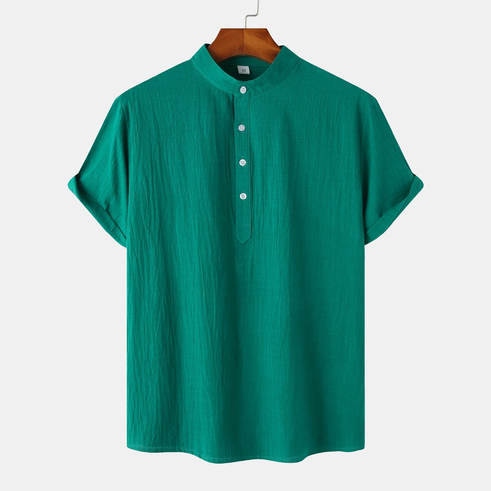 Summer Mens Cotton and Linen Standing Collar Casual Short Sleeved Shirt Beach T Shirt Shirt Mens Clothing