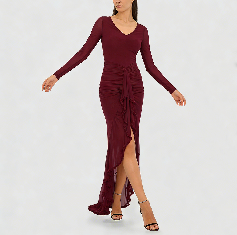 Women's Fashion V-neck Sheer Ruffle Skirt Dress