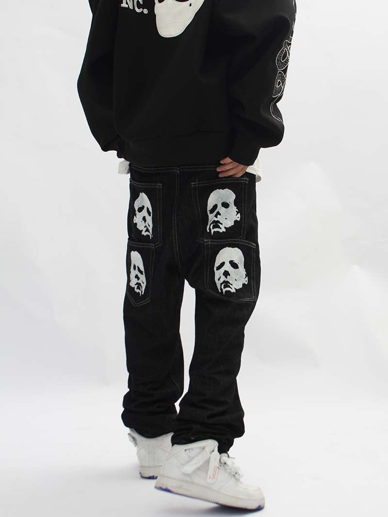 Occidental High Street Vibe Skull Head Printed Jeans Mens Fashion Loose Small Design Straight Pants