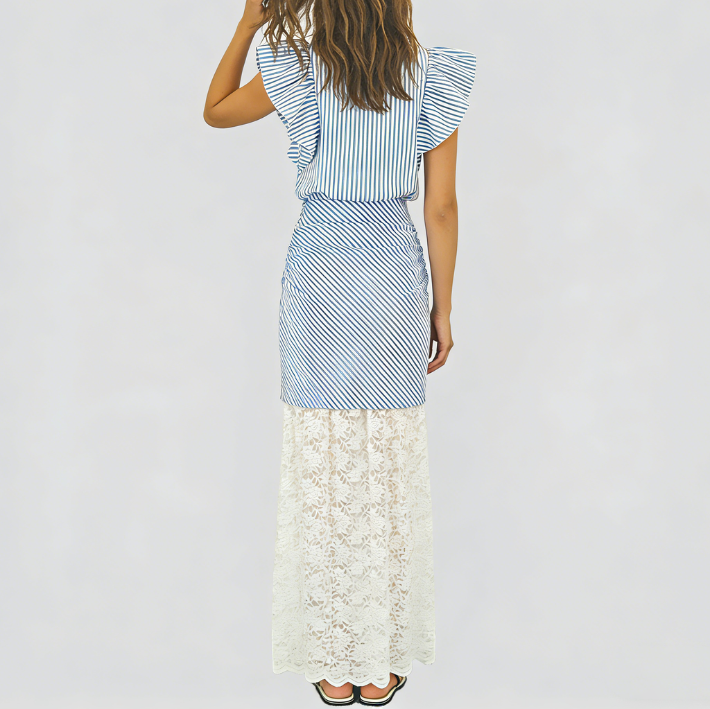 Women's Fashionable Flutter Sleeve Blue and White Striped Lace Bodycon Skirt Set