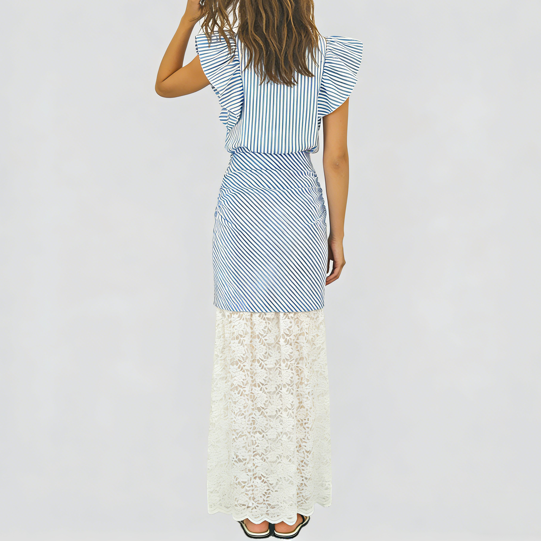 Women's Fashionable Flutter Sleeve Blue and White Striped Lace Bodycon Skirt Set
