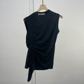 Casual White T Shirt For Women O Neck Sleeveless Ruched Irregular Slim T Shirts Females Summer Fashion Stylish