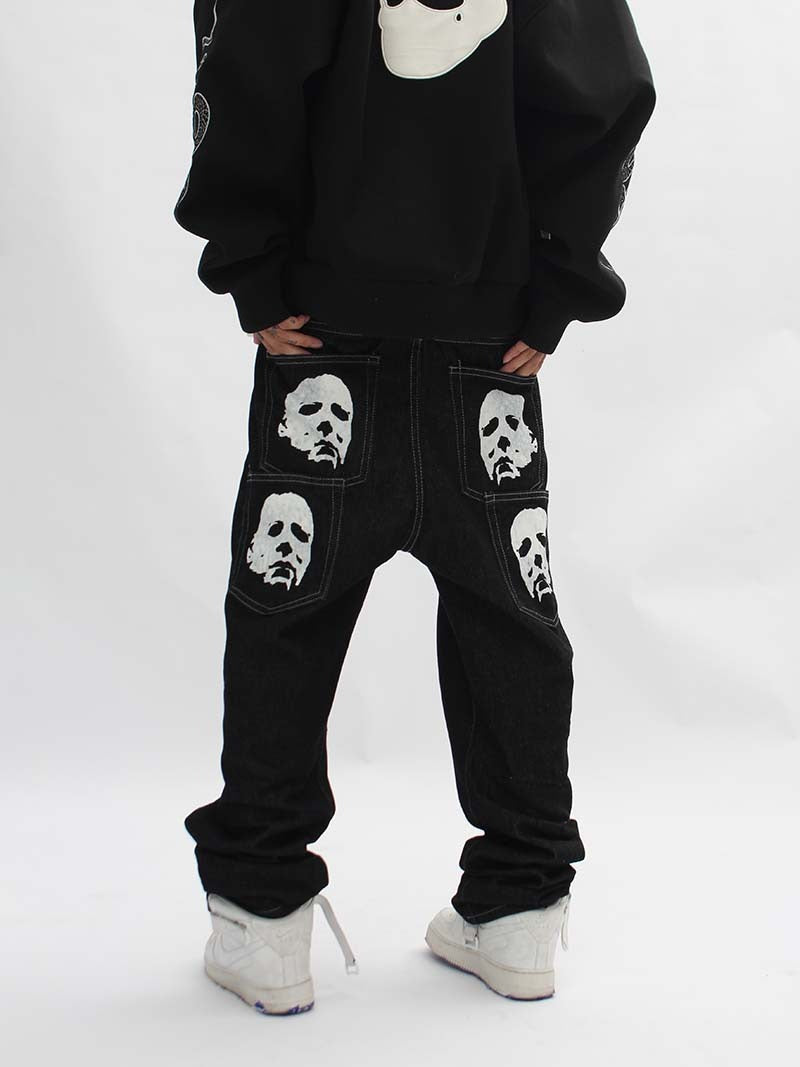 Occidental High Street Vibe Skull Head Printed Jeans Mens Fashion Loose Small Design Straight Pants