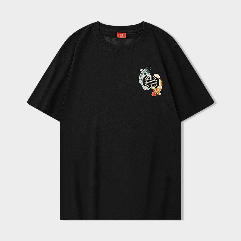 Short sleeved T-shirt for boys embroidered with blooming koi fish