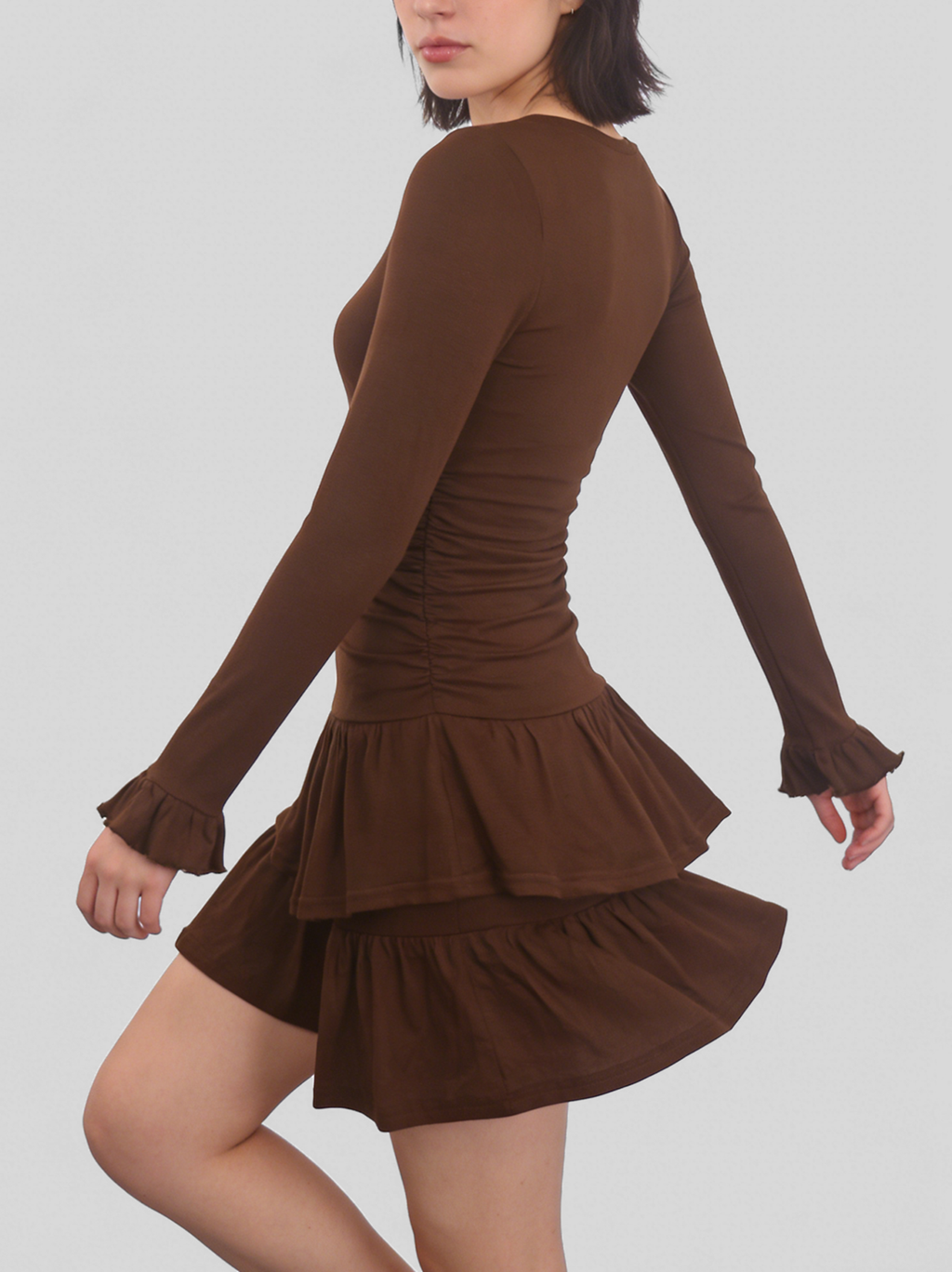 Brown retro V-neck multi-layered ruffle mini dress
