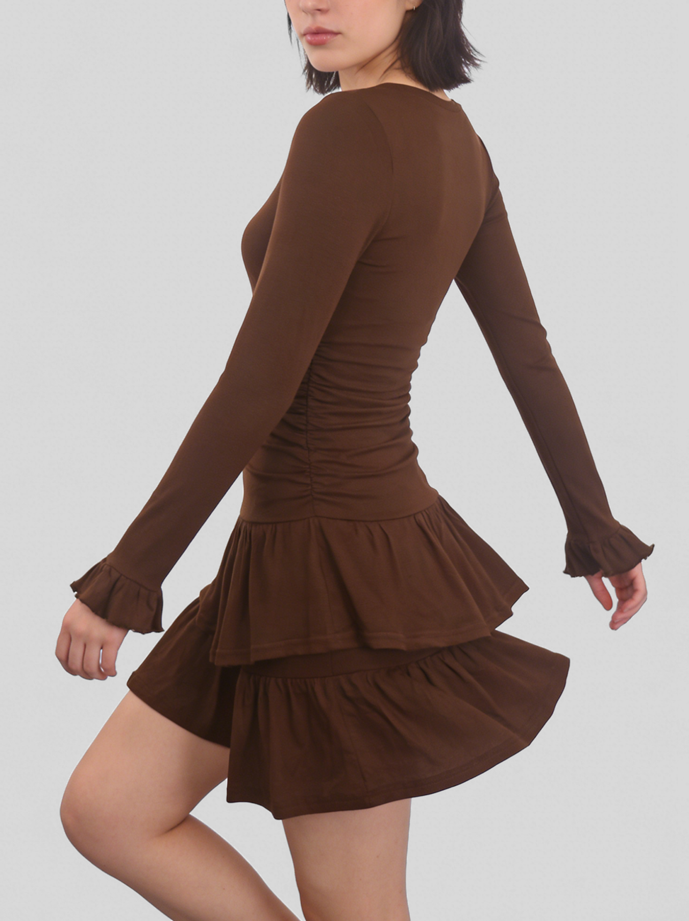 Brown retro V-neck multi-layered ruffle mini dress