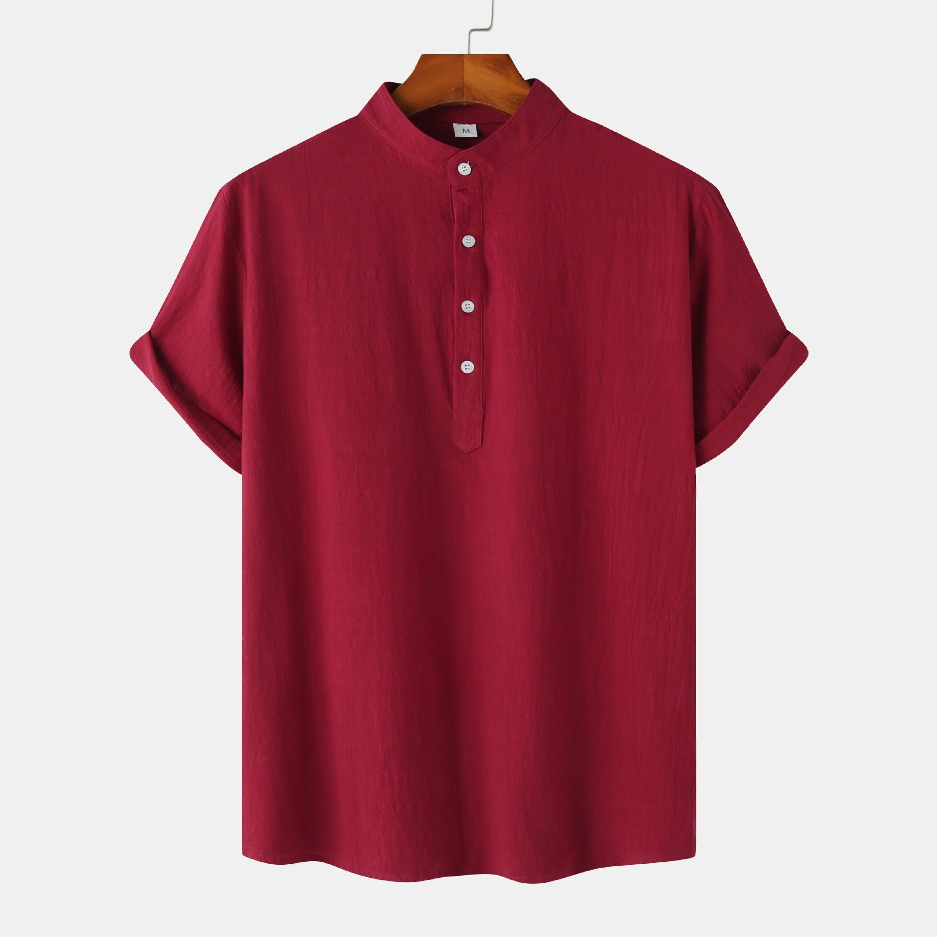 Summer Mens Cotton and Linen Standing Collar Casual Short Sleeved Shirt Beach T Shirt Shirt Mens Clothing