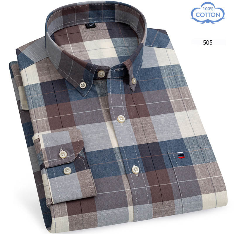 Spring Middle Aged And Elderly Mens Pure Cotton Oxford Spun Long Sleeved Shirt Loose Casual Large Thick All Cotton Shirt