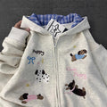 Patchwork Plaid Girls' Hooded Cardigan with Embroidered Dog