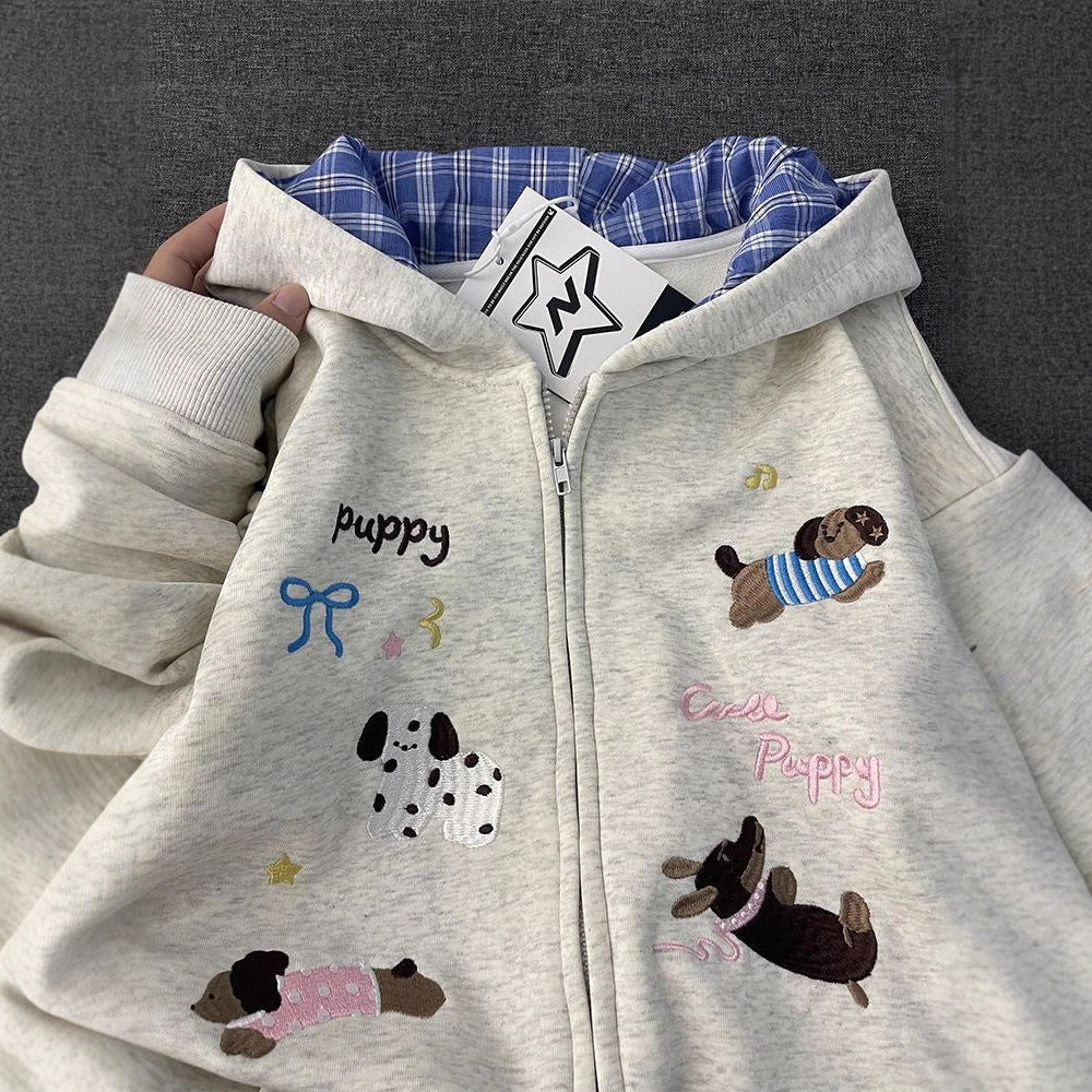 Patchwork Plaid Girls' Hooded Cardigan with Embroidered Dog